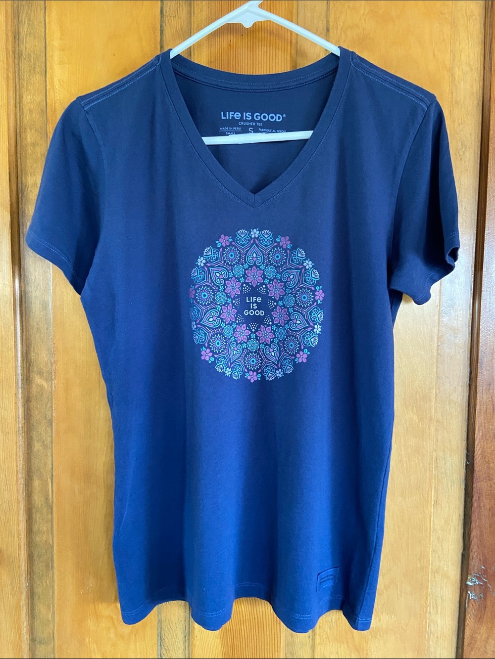 Life Is Good Navy V-Neck Tee with Floral Mandala